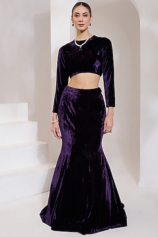 Purple Velvet Lehenga Set by PRATISHTHA - THE LABEL