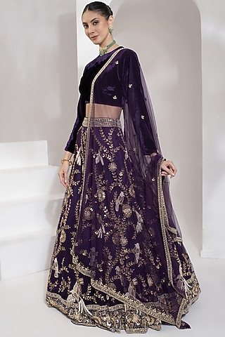 Purple Net Zari & Mirror Hand Embroidered Lehenga Set by PRATISHTHA - THE LABEL