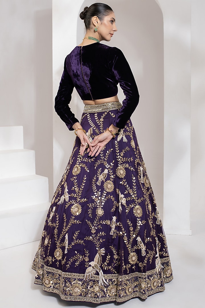 Purple Net Zari & Mirror Hand Embroidered Wedding Lehenga Set by PRATISHTHA - THE LABEL at Pernia's Pop Up Shop