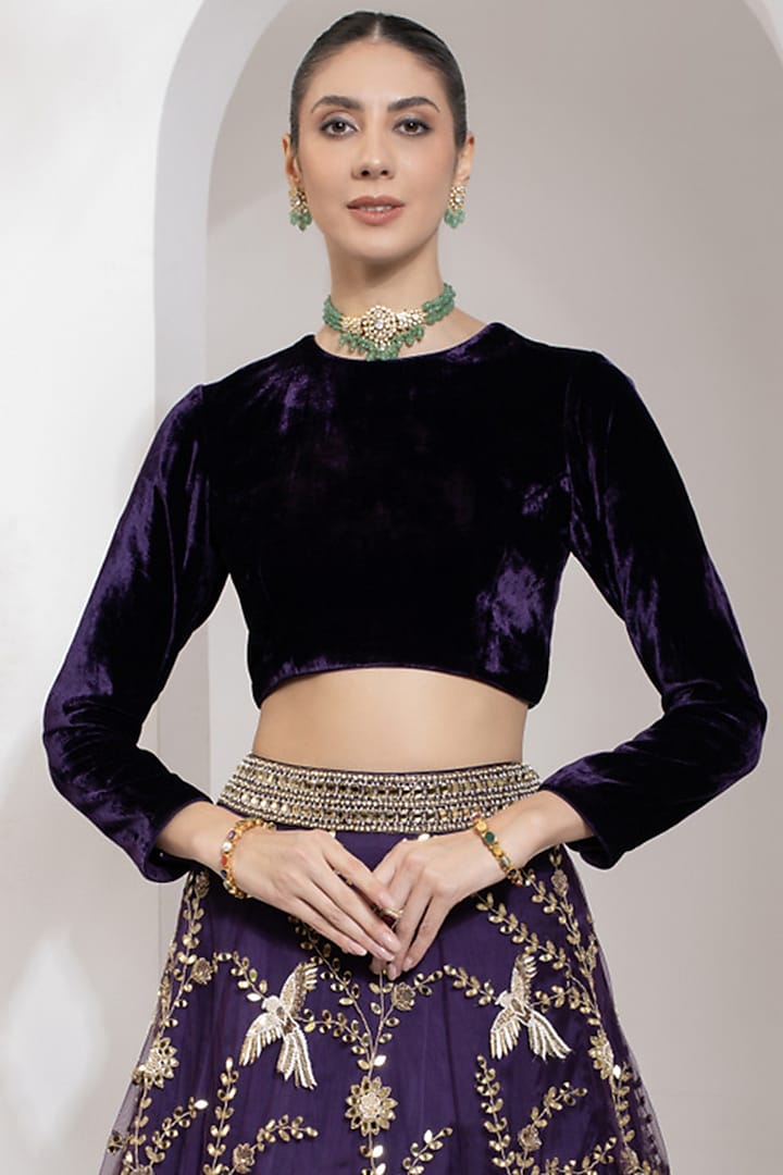 Purple Net Zari & Mirror Hand Embroidered Wedding Lehenga Set by PRATISHTHA - THE LABEL at Pernia's Pop Up Shop