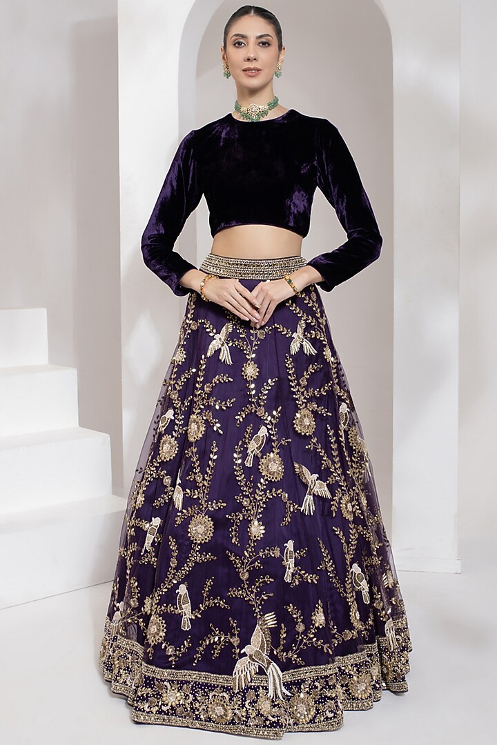 Purple Net Zari & Mirror Hand Embroidered Wedding Lehenga Set by PRATISHTHA - THE LABEL at Pernia's Pop Up Shop