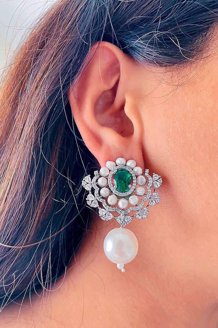 White Finish Green Zircon & Pearl Handcrafted Stud Earrings by Prerto at Pernia's Pop Up Shop