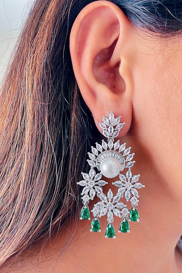 White Finish Green Zircon & Pearl Handcrafted Dangler Earrings by Prerto