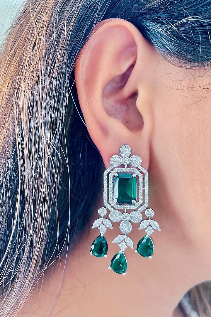 White Finish Zircon & Emerald Dangler Earrings by Prerto