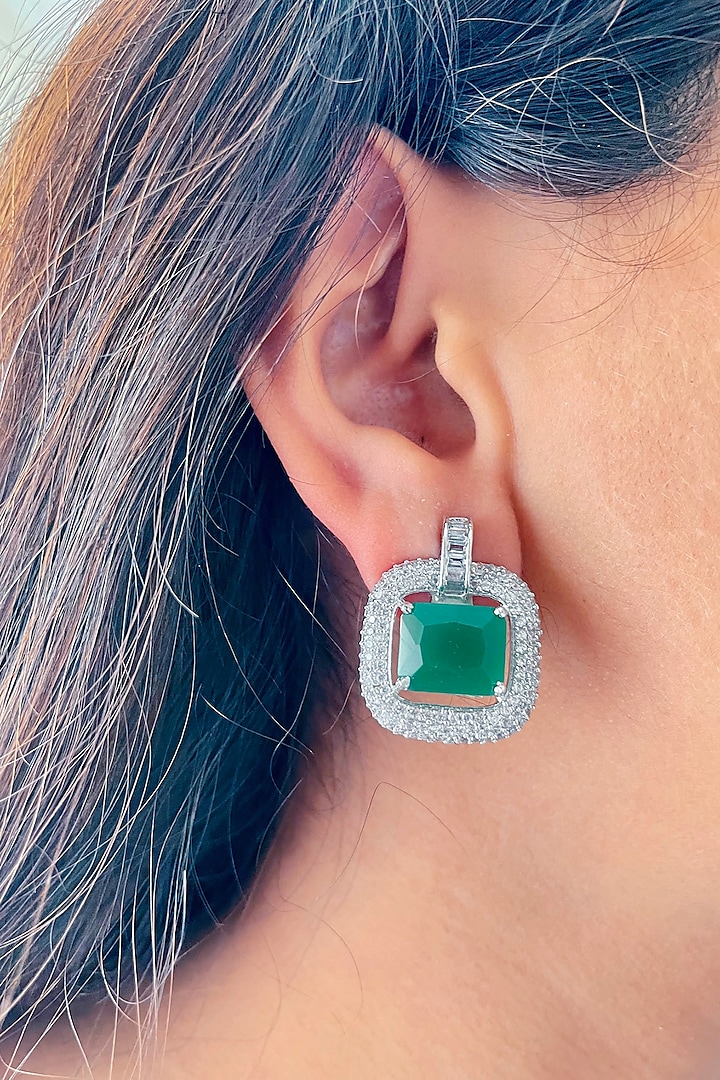 White Finish Zircon & Emerald Handcrafted Stud Earrings by Prerto