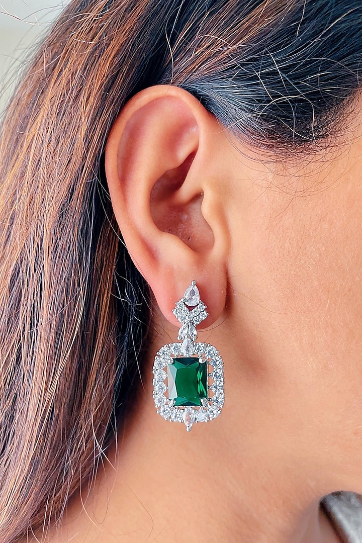 White Finish Zircon & Emerald Handcrafted Dangler Earrings by Prerto