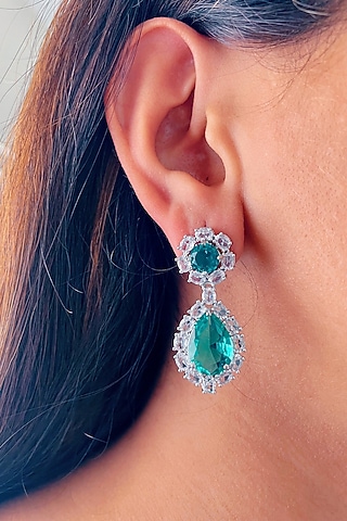 White Finish Blue Zircon Handcrafted Dangler Earrings by Prerto