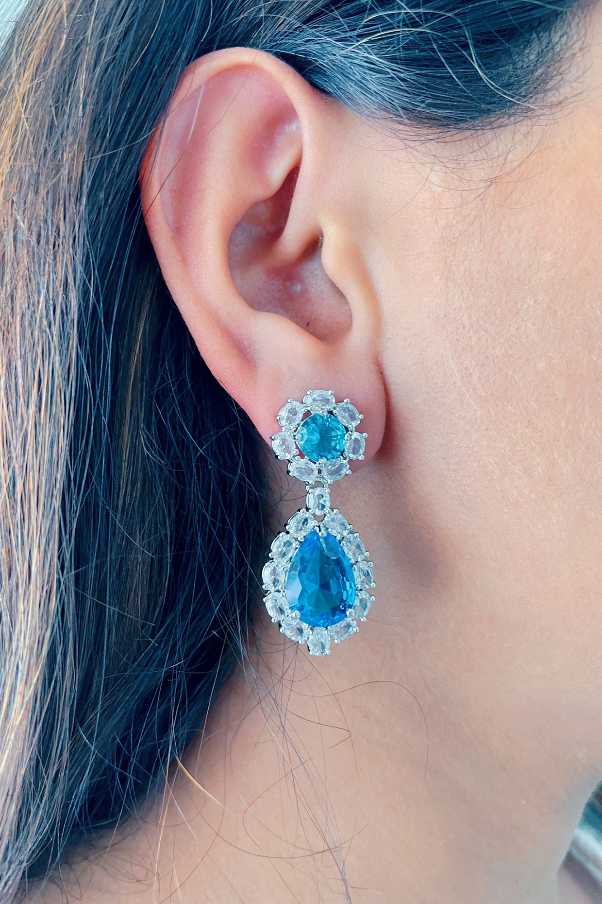 White Finish Blue Zircon Handcrafted Dangler Earrings by Prerto at Pernia's Pop Up Shop