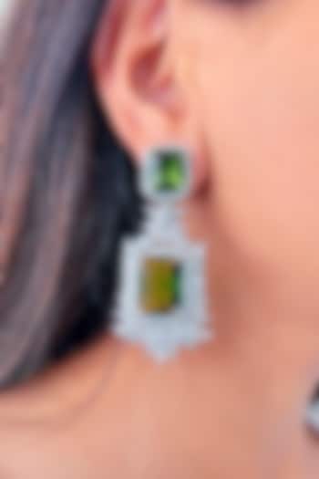 White Finish Green Zircon & Diamond Handcrafted Dangler Earrings by Prerto