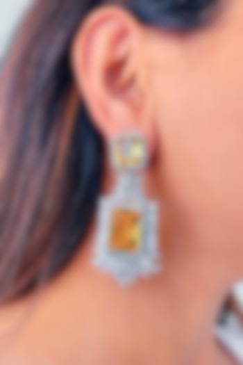 White Finish Orange Zircon & Diamond Handcrafted Dangler Earrings by Prerto