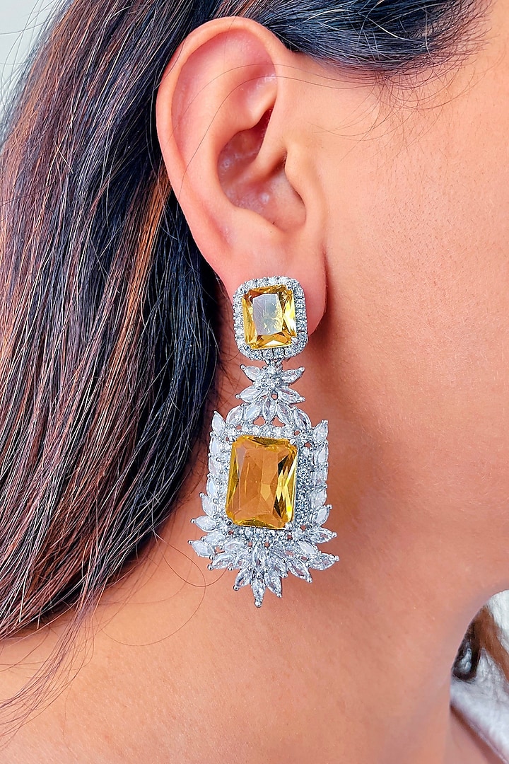 White Finish Orange Zircon & Diamond Handcrafted Dangler Earrings by Prerto