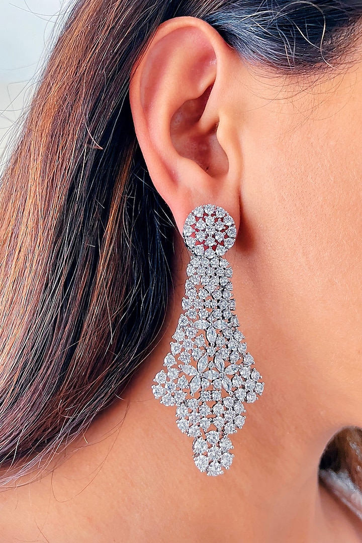 White Finish Zircon & Diamond Floral Dangler Earrings by Prerto