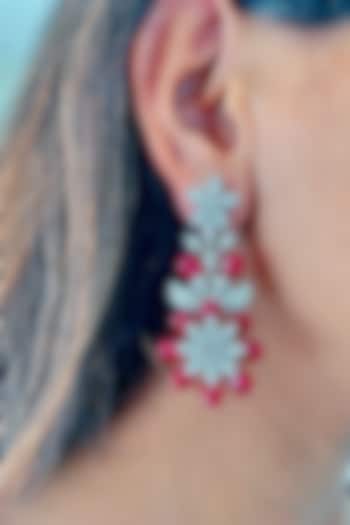 White Finish Red Zircon & Diamond Dangler Earrings by Prerto