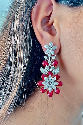 White Finish Red Zircon & Diamond Dangler Earrings by Prerto