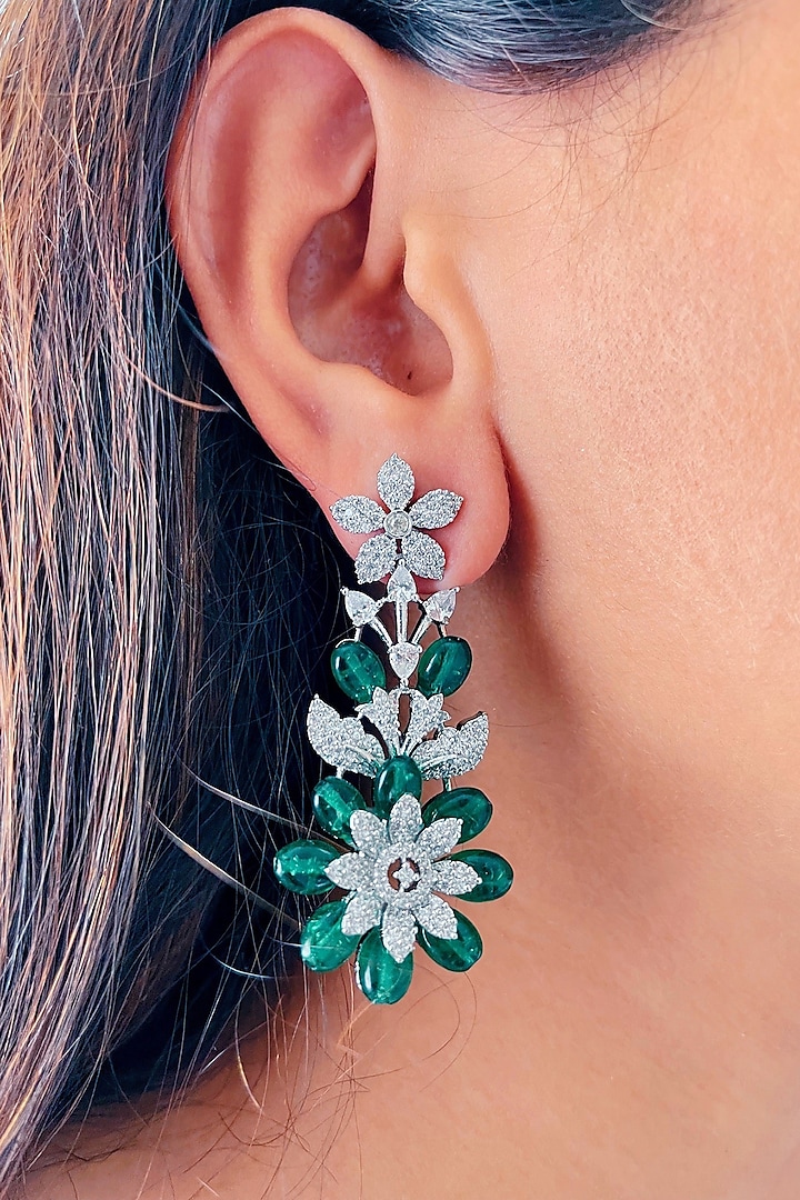 White Finish Green Zircon & Diamond Dangler Earrings by Prerto