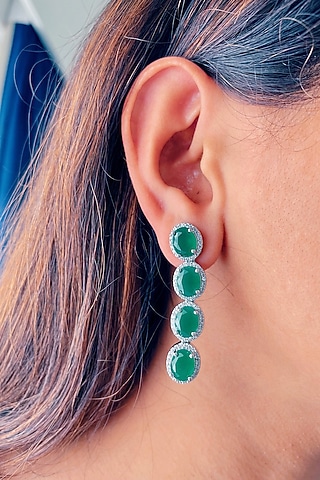 White Finish Zircon & Emerald Dangler Earrings by Prerto