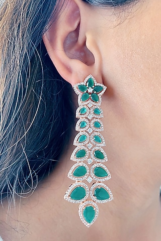 White Finish Zircon & Emerald Dangler Earrings by Prerto