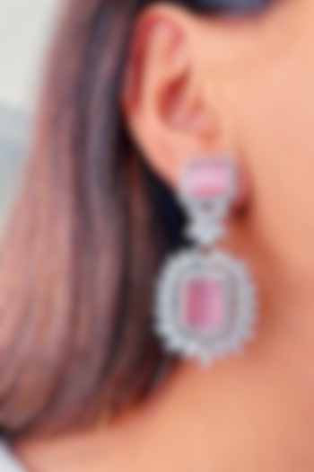 White Finish Pink Diamante & Zircon Dangler Earrings by Prerto