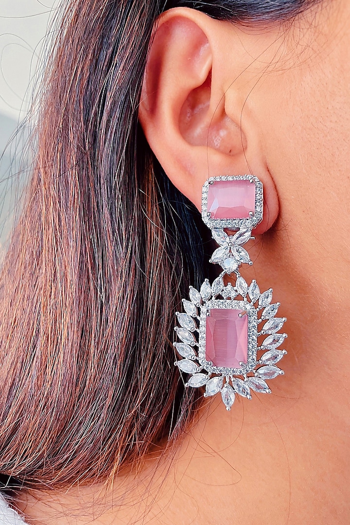 White Finish Pink Diamante & Zircon Dangler Earrings by Prerto