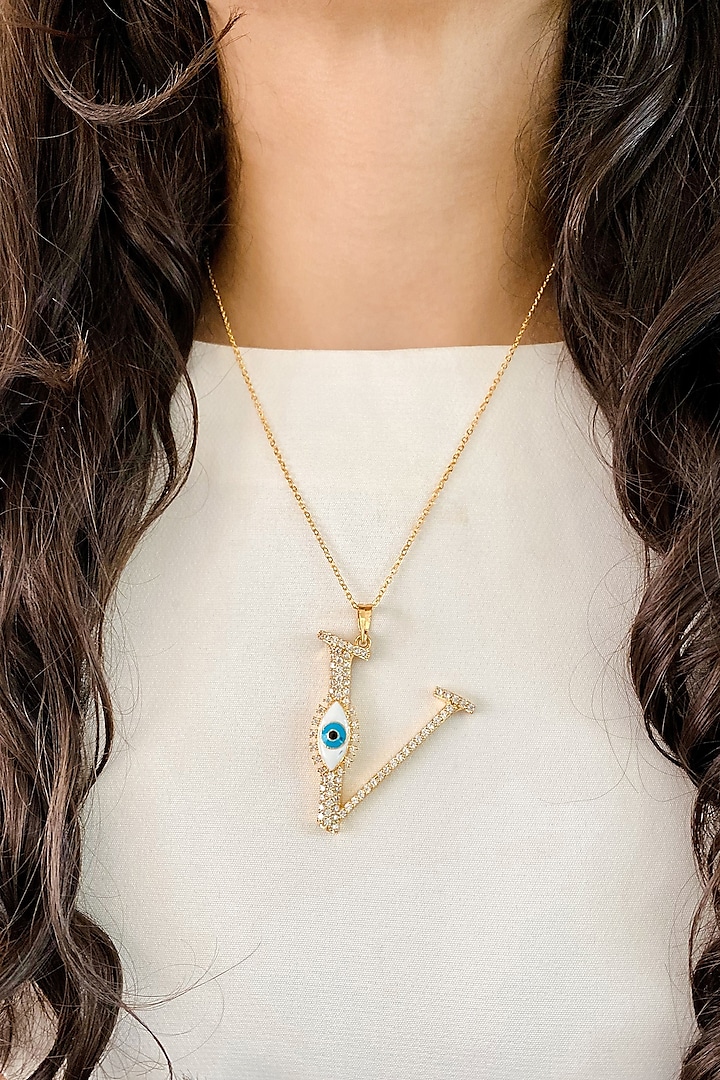 Gold Plated Diamond Evil Eye Initial Pendant Necklace by Prerto at
