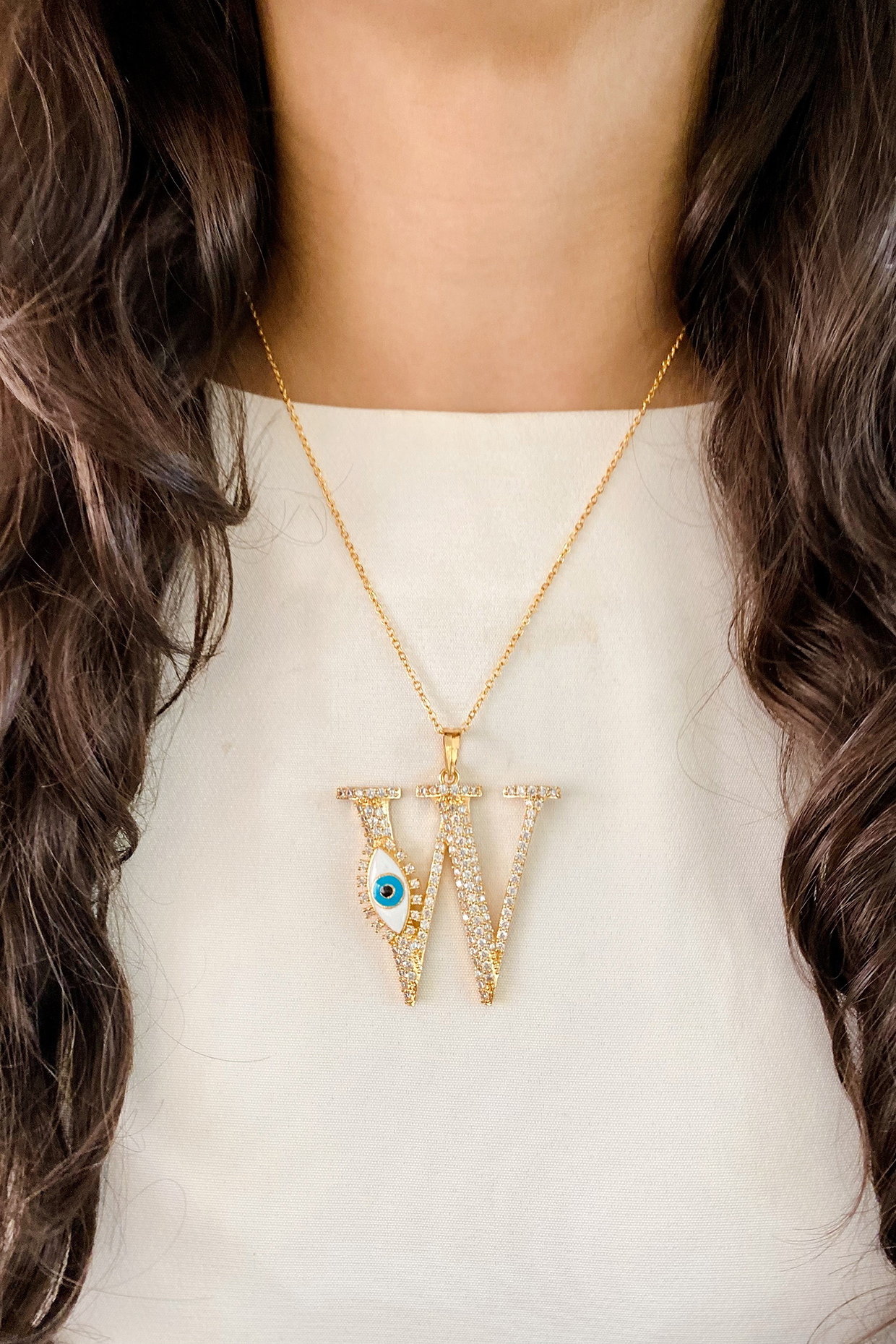 Gold Plated Diamond Evil Eye Initial Pendant Necklace by Prerto at Pernia s Pop Up Shop 2025