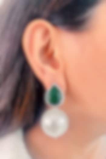 White Finish Green Pearl Drop Dangler Earrings by Prerto