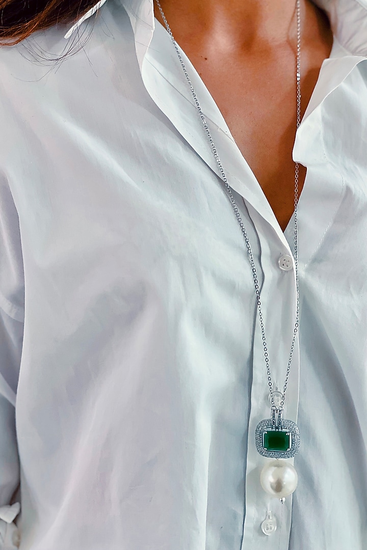 White Rhodium Plated Green Zircon & Pearl Necklace by Prerto