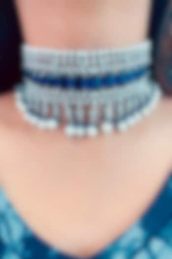 White Rhodium Plated Blue Zircon & Pearl Choker Necklace by Prerto