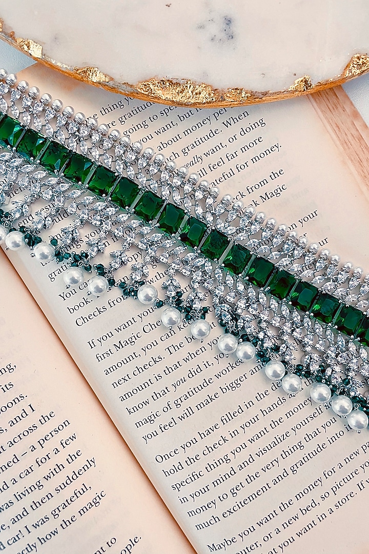 White Rhodium Plated Green Zircon & Pearl Choker Necklace by Prerto at Pernia's Pop Up Shop
