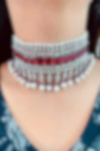 White Rhodium Plated Red Zircon & Pearl Choker Necklace by Prerto