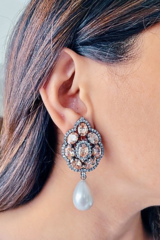 Black Rhodium Finish Pink Zircon & Pearl Drop Stud Earrings by Prerto