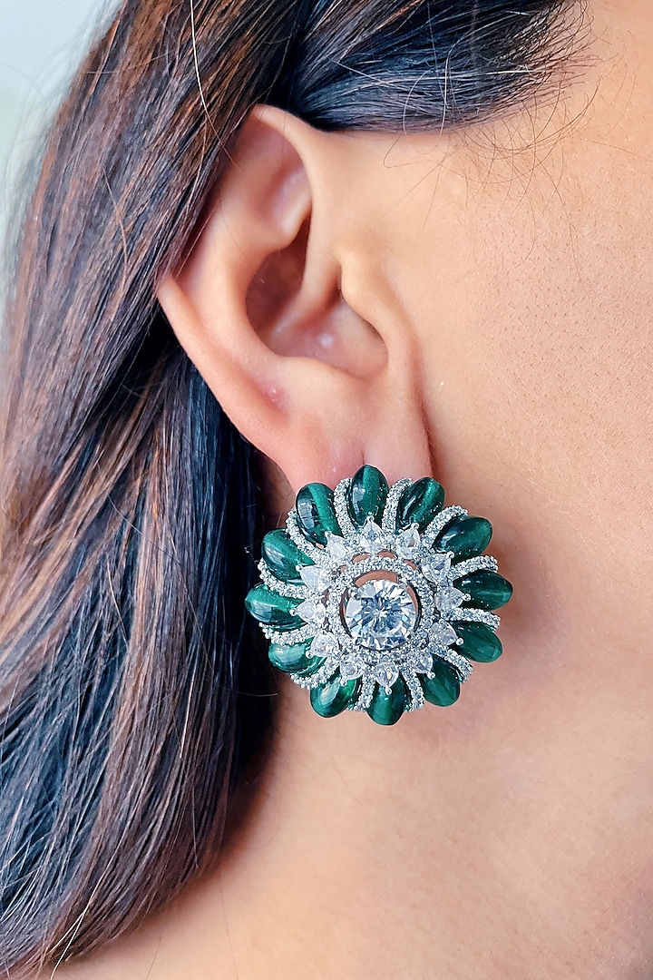 White Finish Emerald & Zircon Floral Stud Earrings by Prerto