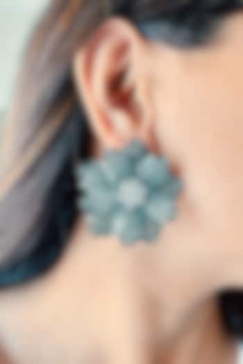 Black Rhodium Finish Zircon Floral Stud Earrings by Prerto