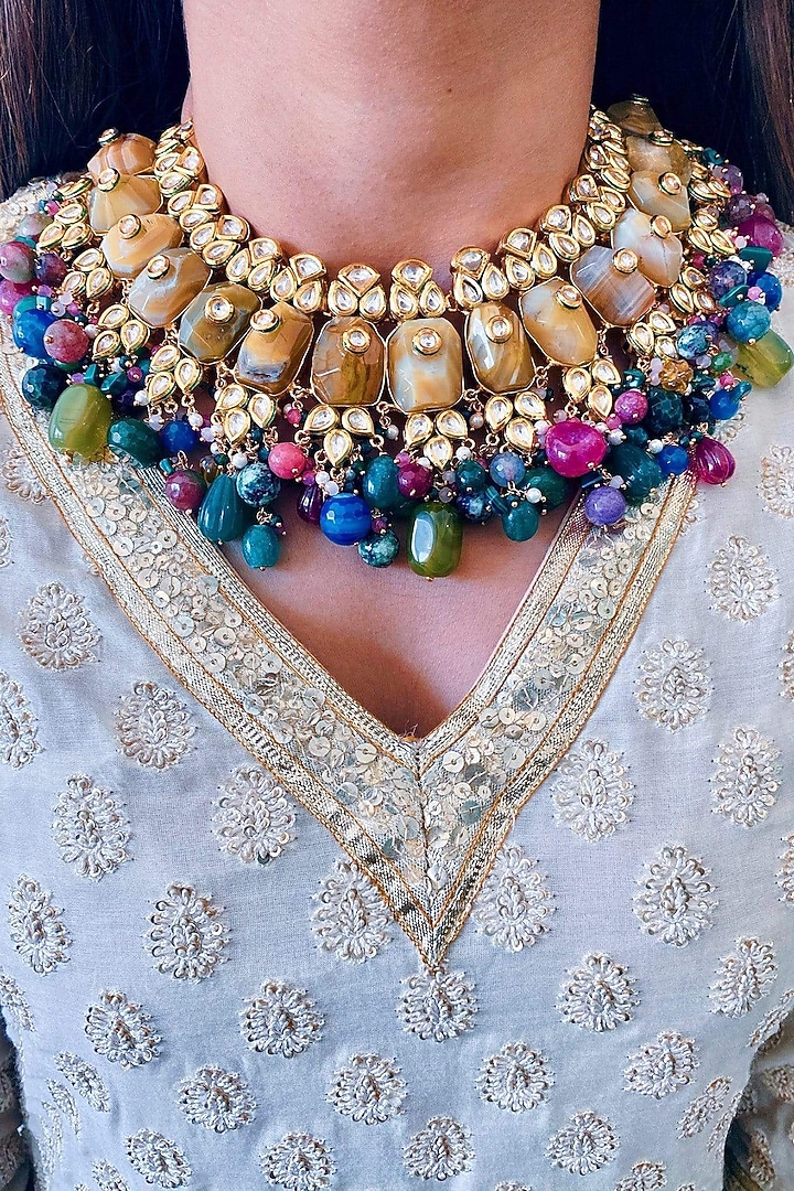 Gold Plated Kundan Polki & Precious Carved Beaded Necklace by Prerto at Pernia's Pop Up Shop