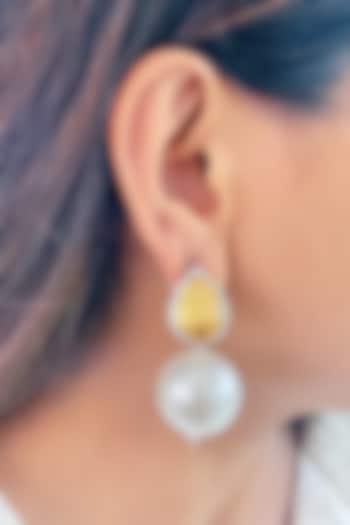 White Finish Yellow Stone & Pearl Drop Dangler Earrings by Prerto