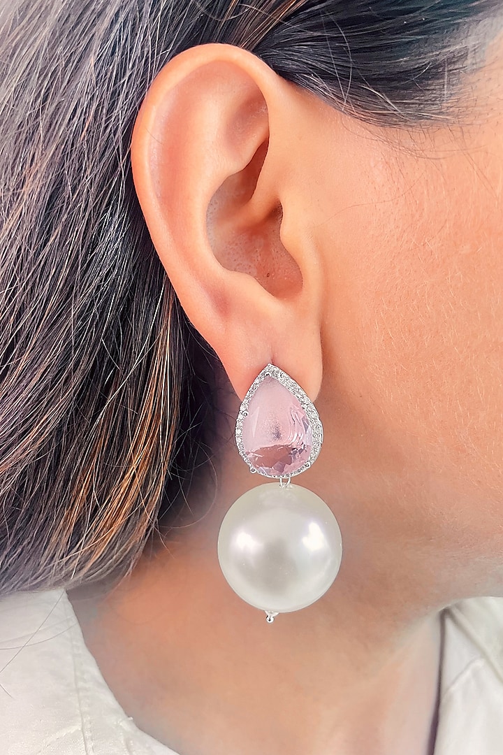 White Finish Pink Stone & Pearl Drop Dangler Earrings by Prerto