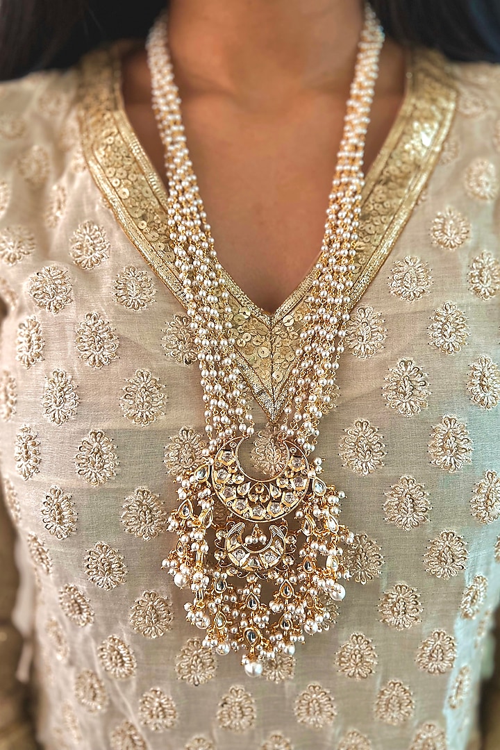 Gold Plated Kundan Polki & Pearl Necklace by Prerto