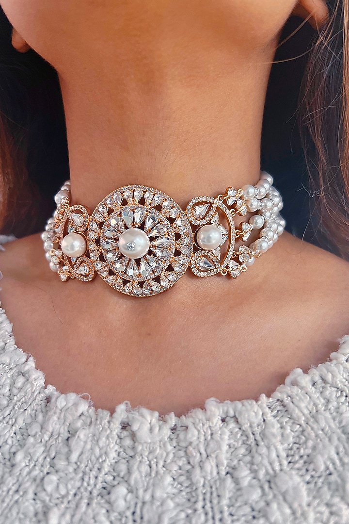 Rose Gold Plated Kundan Polki & Pearl Choker Necklace by Prerto at Pernia's Pop Up Shop