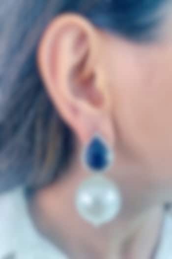 White Finish Blue Stone & Pearl Drop Dangler Earrings by Prerto