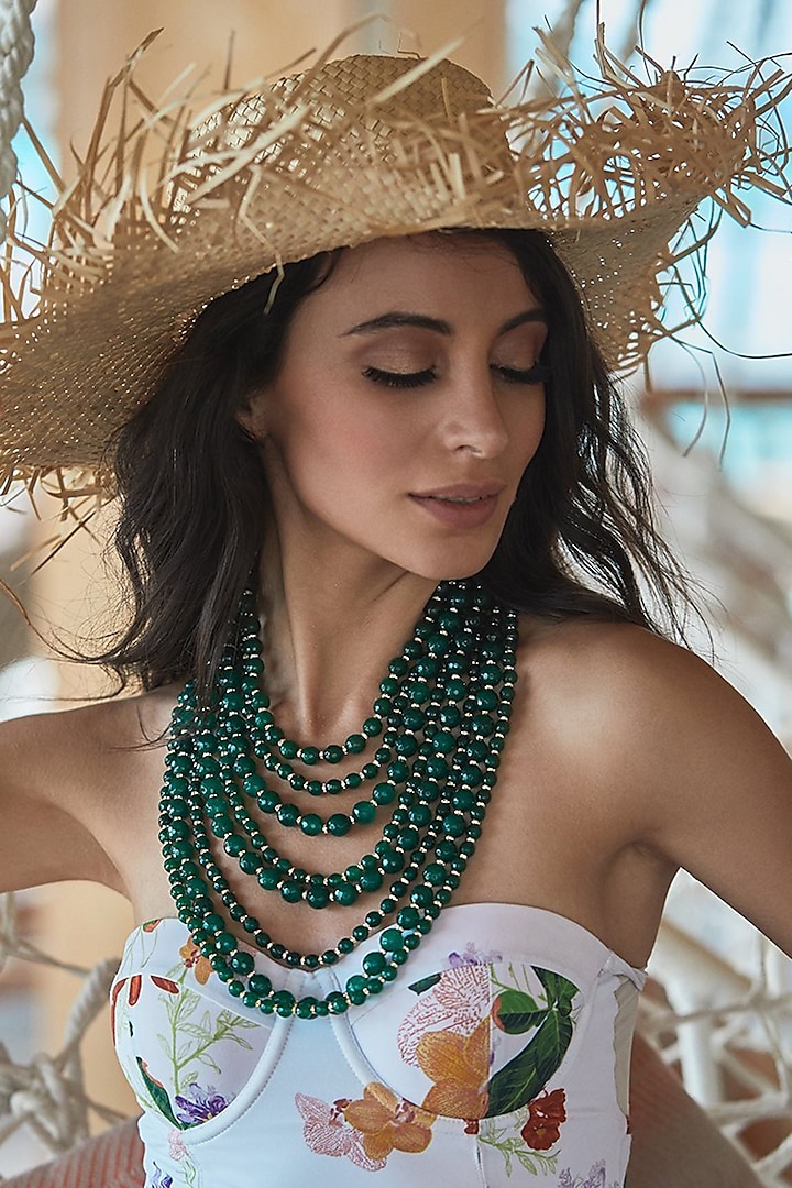 Green Beaded Layered Necklace by Prerto