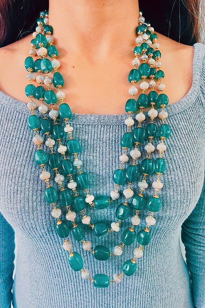 Gold Plated Pearl & Precious Carved Green Beaded Layered Necklace by Prerto