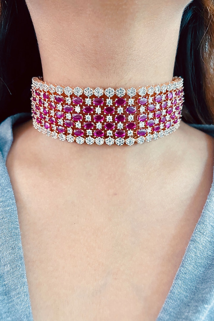 Rose Gold Plated Red & White Zircon Necklace by Prerto at Pernia's Pop Up Shop