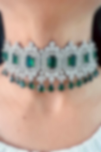 White Rhodium Plated White & Green Zircon Necklace by Prerto