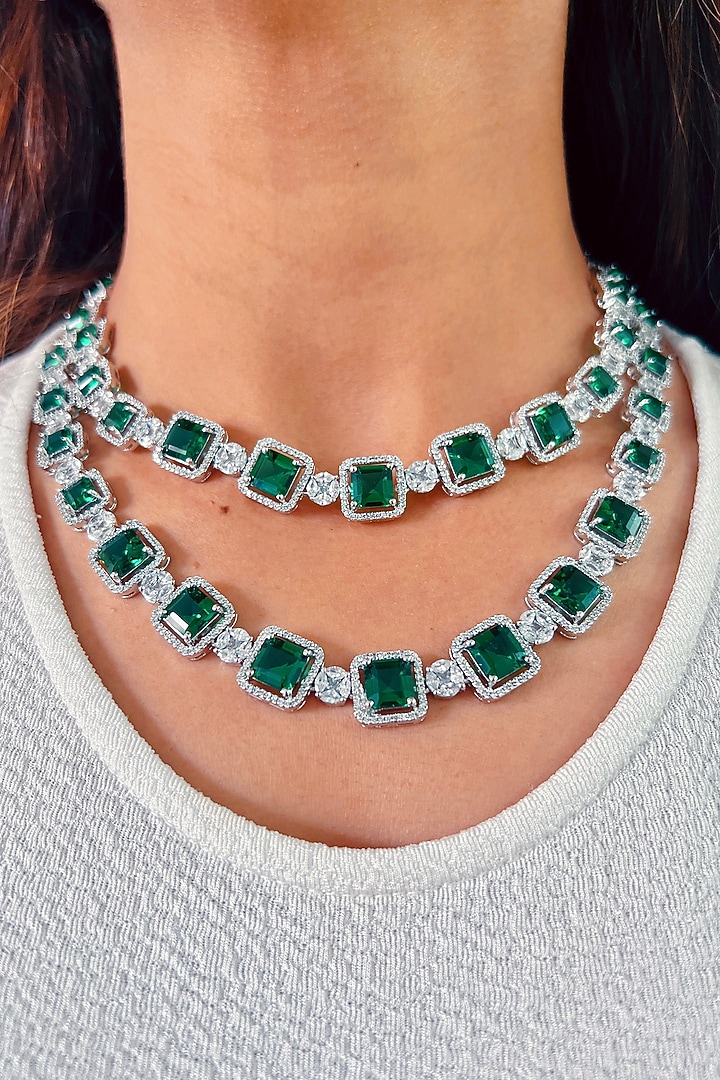 White Rhodium Plated White & Green Zircon Necklace by Prerto at Pernia's Pop Up Shop