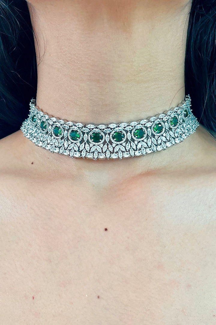 White Rhodium Plated Green Zircon Choker Necklace by Prerto at Pernia's Pop Up Shop