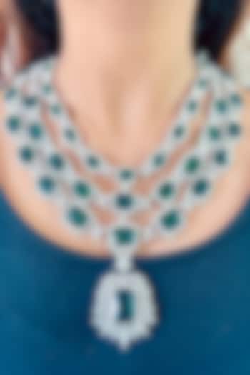 White Rhodium Plated Green Zircon Necklace by Prerto