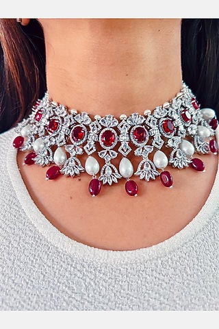 White Rhodium Plated Red Zircon Necklace by Prerto