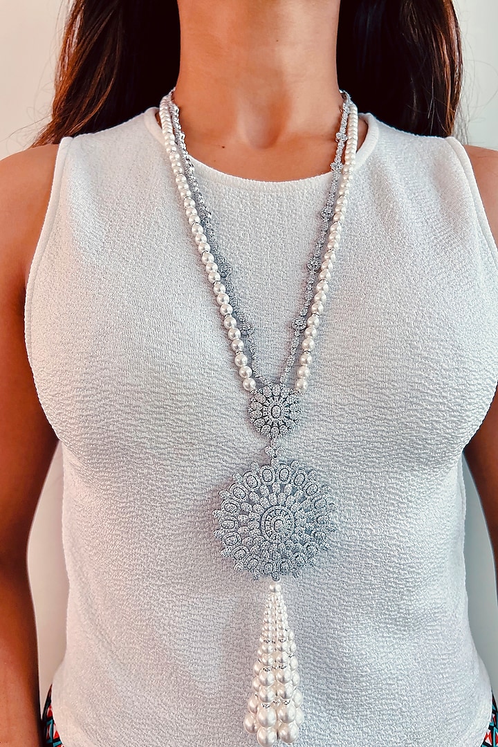 White Rhodium Plated Pearl & Zircon Necklace by Prerto