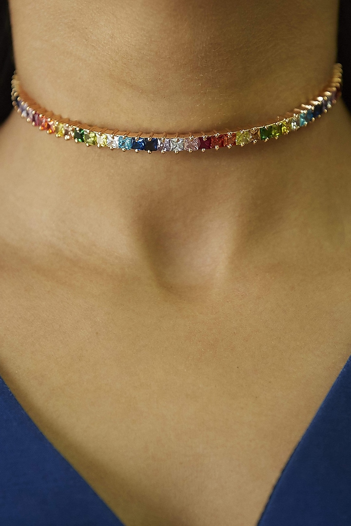 Gold Plated Multi-Colored Stone Choker Necklace by Prerto