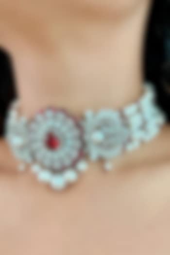 White Rhodium Plated Red Zircon Choker Necklace by Prerto